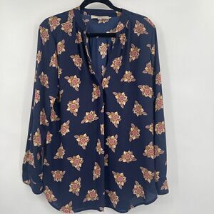 Loft Women's Floral Long Sleeve Pullover Blue Flowy Top Size M